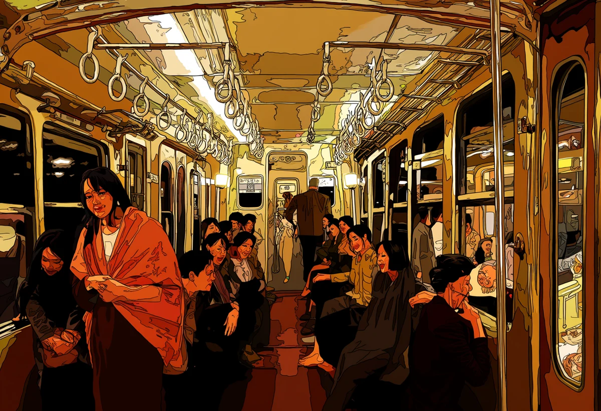 an Indonesian adult couple age 32 and 36 alone in a night train compartment crossing Java, hands under a shawl, one reading lamp, explicit adult illustration