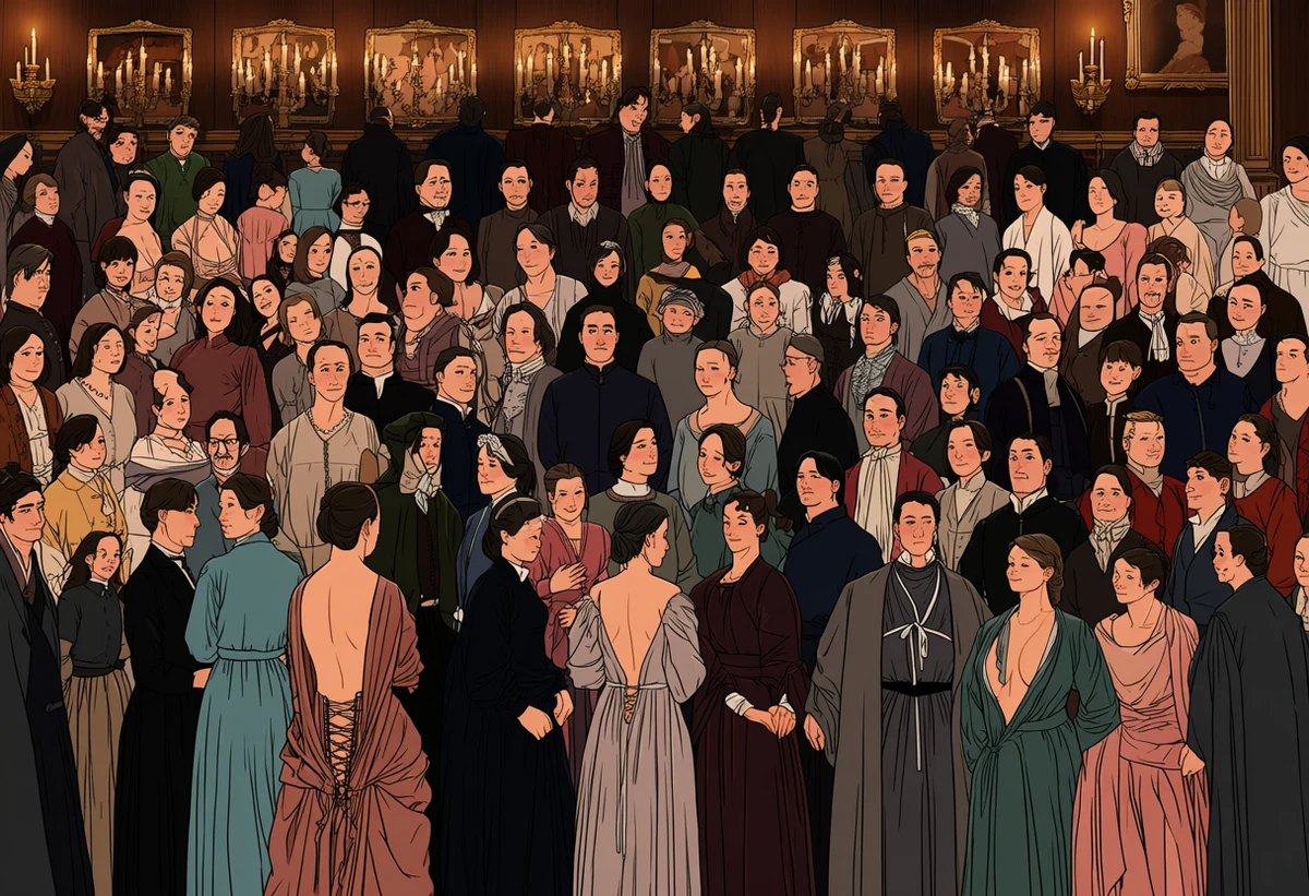 an adult couple age 34 and 37 in a Regency study, a gown unlaced at the back, candlelight on dark wood and oil portraits, adult historical manhwa art style